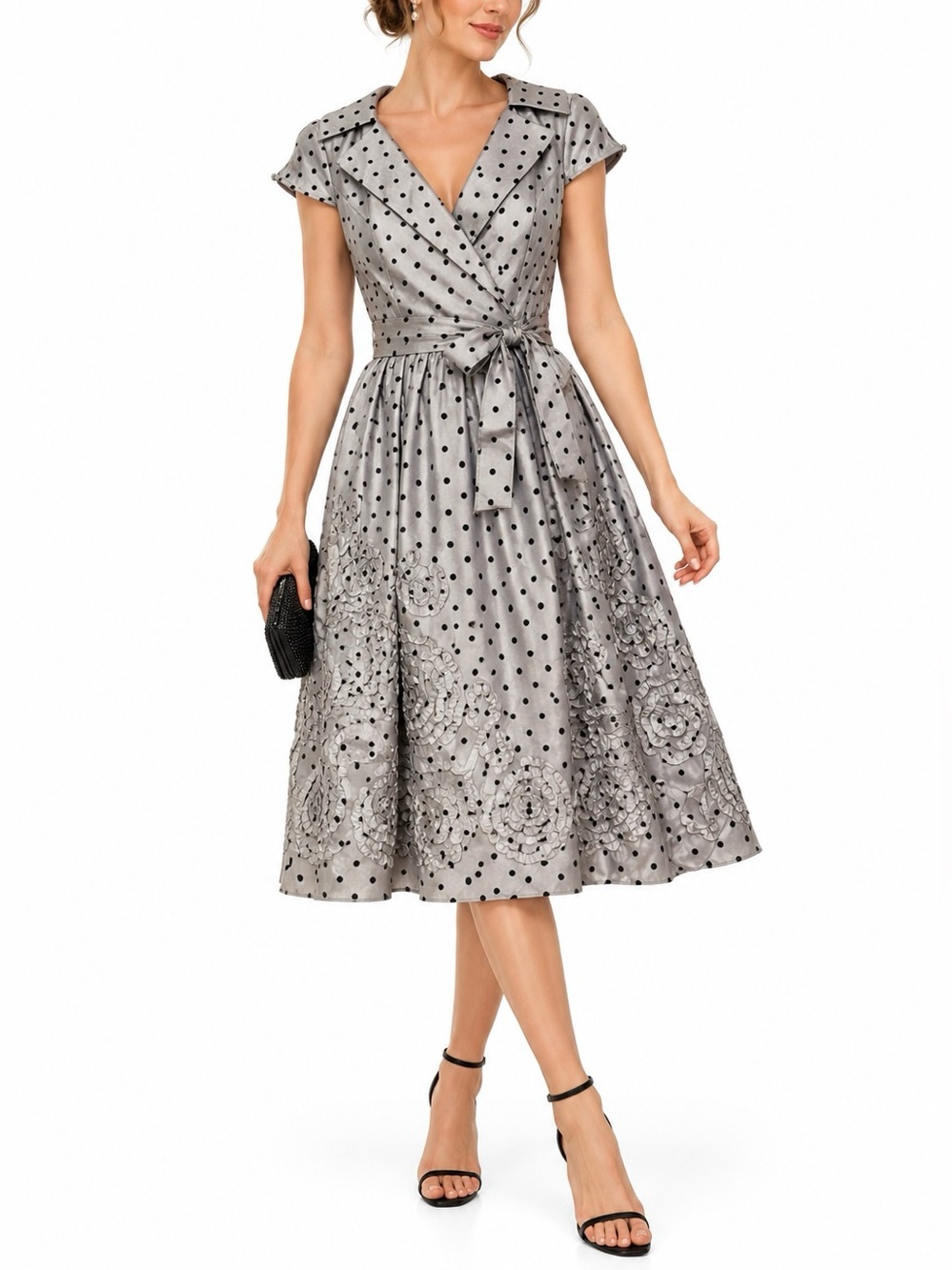 Adrianna Papell Dress Polka Dot Fit and Flare 8 Ribbon Appliqué Retro Taffeta